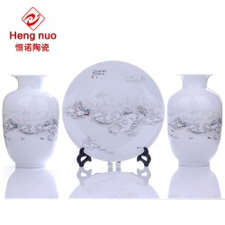 景德鎮陶瓷雪景圖三件套花瓶 現代家居裝飾品擺件設工藝禮品